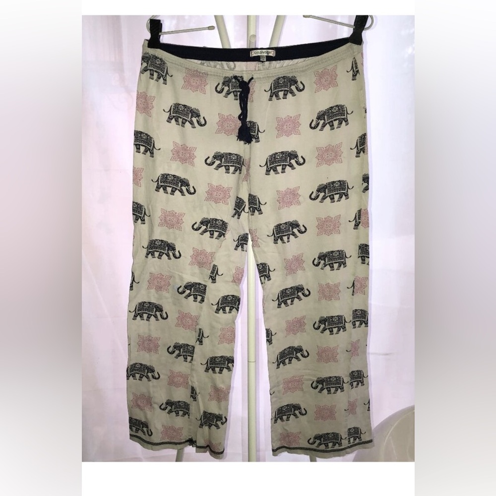 PJ SALVAGE PAJAMA PANTS KNIT ELEPHANTS BOHO BLUE TASSEL DRAWSTRING SIZE S